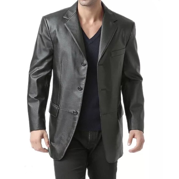 Kenneth Cole Black “70’s” 3 Button Double Vent Classic Leather Blazer Size (L) - Picture 1 of 16